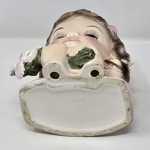 Vtg Enesco delsey girl head vase brown hair flowers 1960s ceramic - Picture 8 of 8